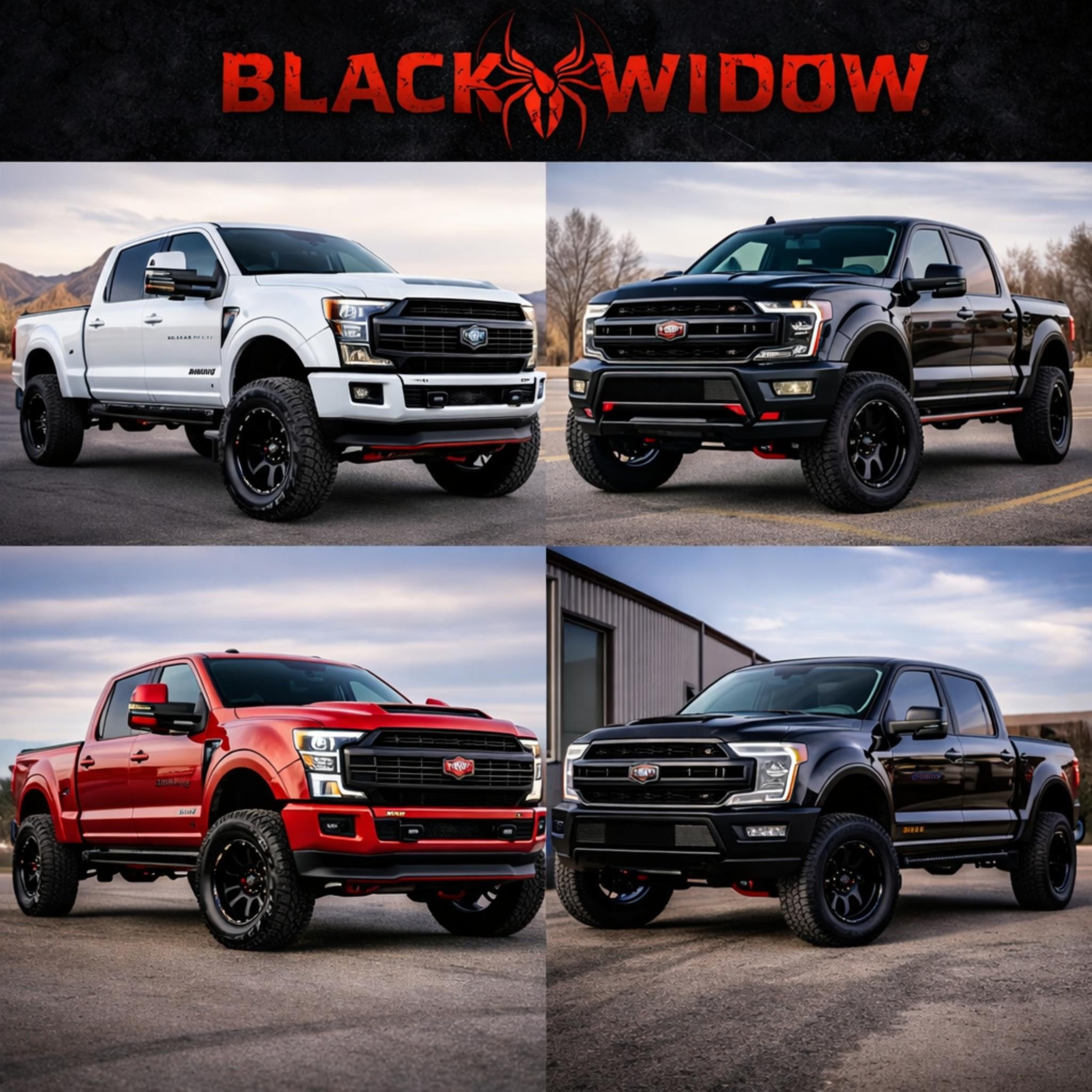 Four Black Widow custom pickup trucks in white, black, and red.