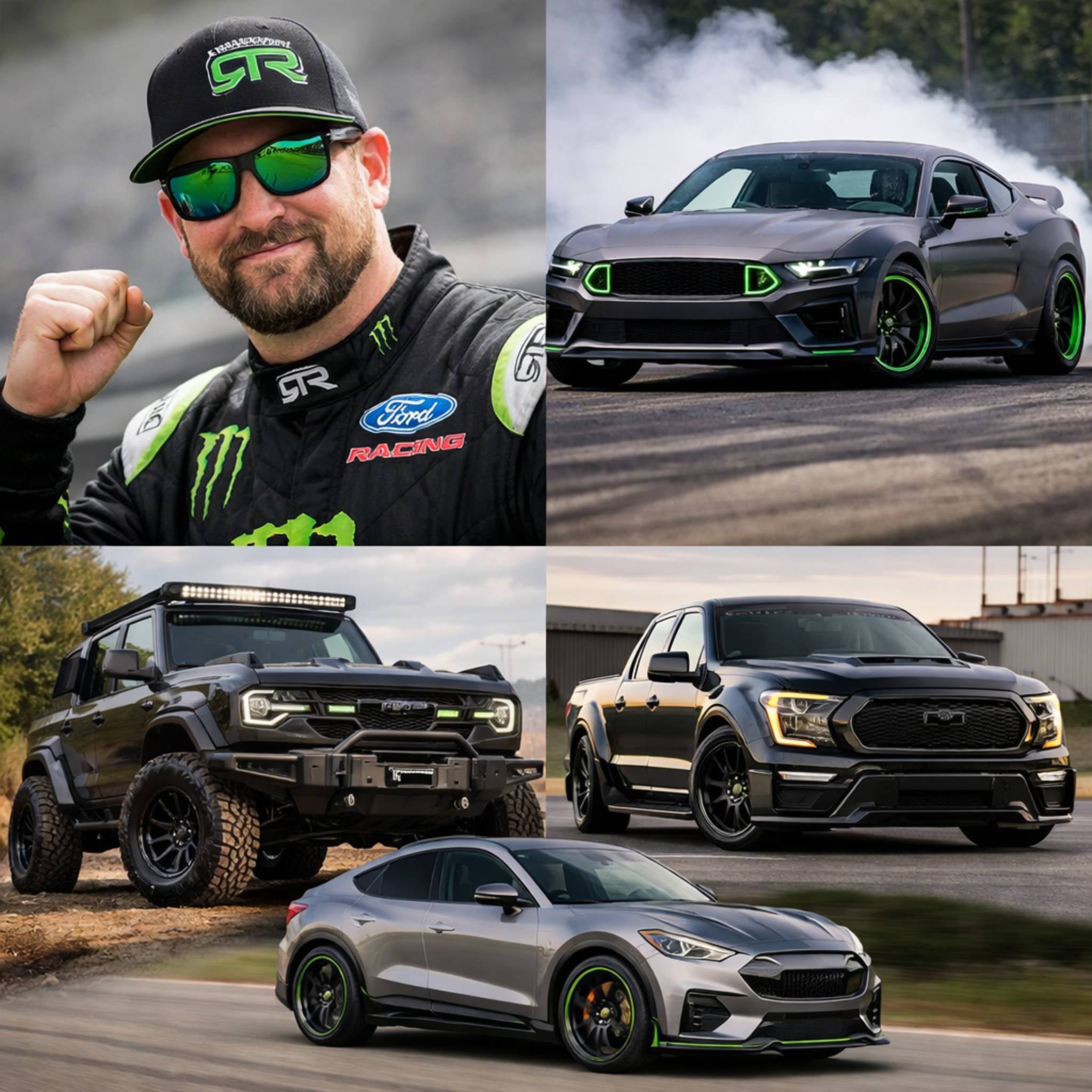 Collage of Vaughn Gittin Jr., a grey Mustang and other custom Ford vehicles with green accents.