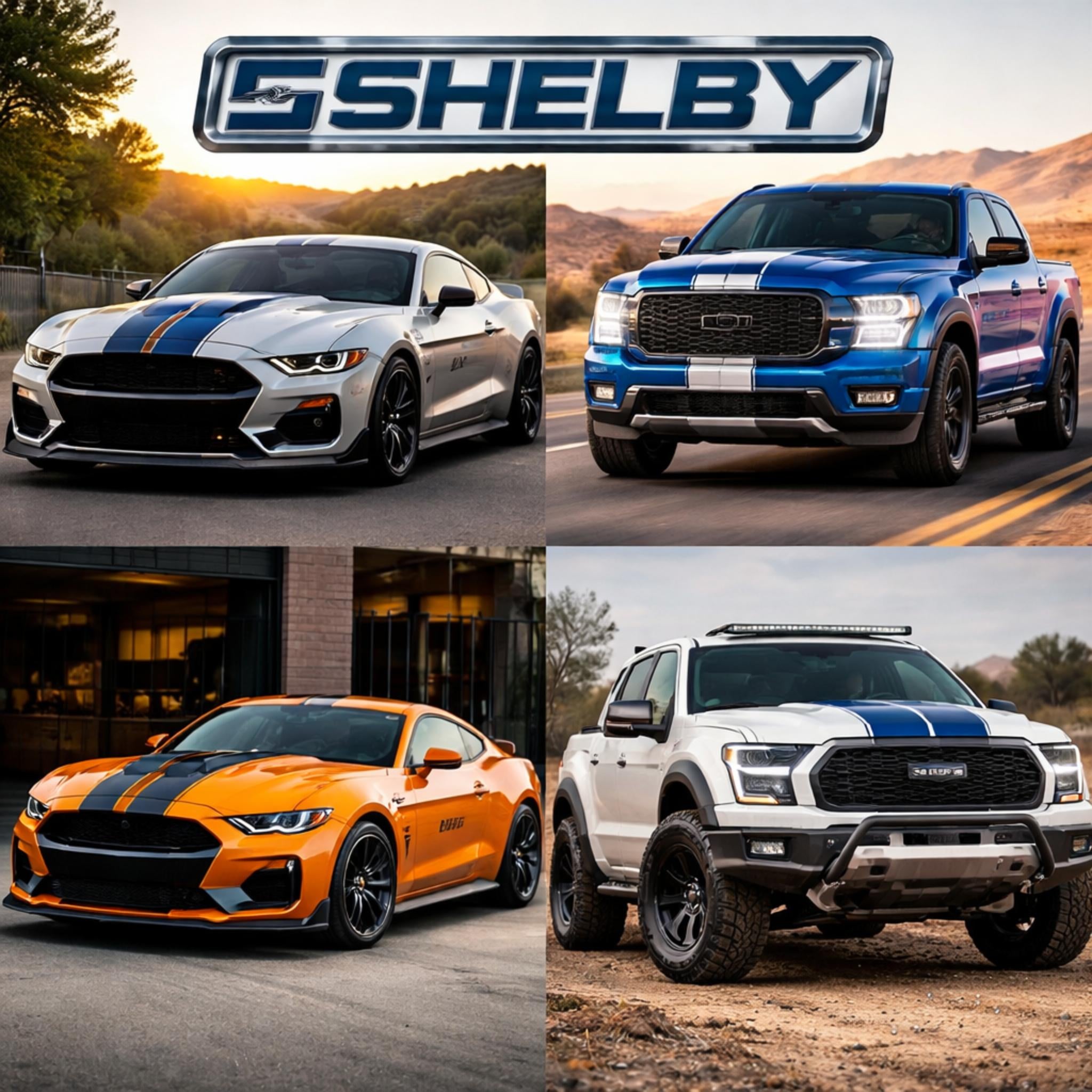 Collage of four high-performance Shelby vehicles: two Mustangs (silver and orange) and two pickup trucks (blue and white).